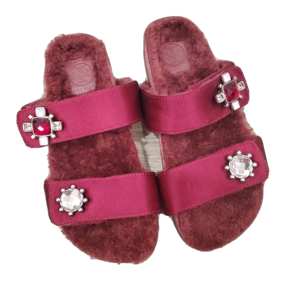NEW Tory Burch Celia Faux Fur Two-Band Sandals - Picture 1 of 5